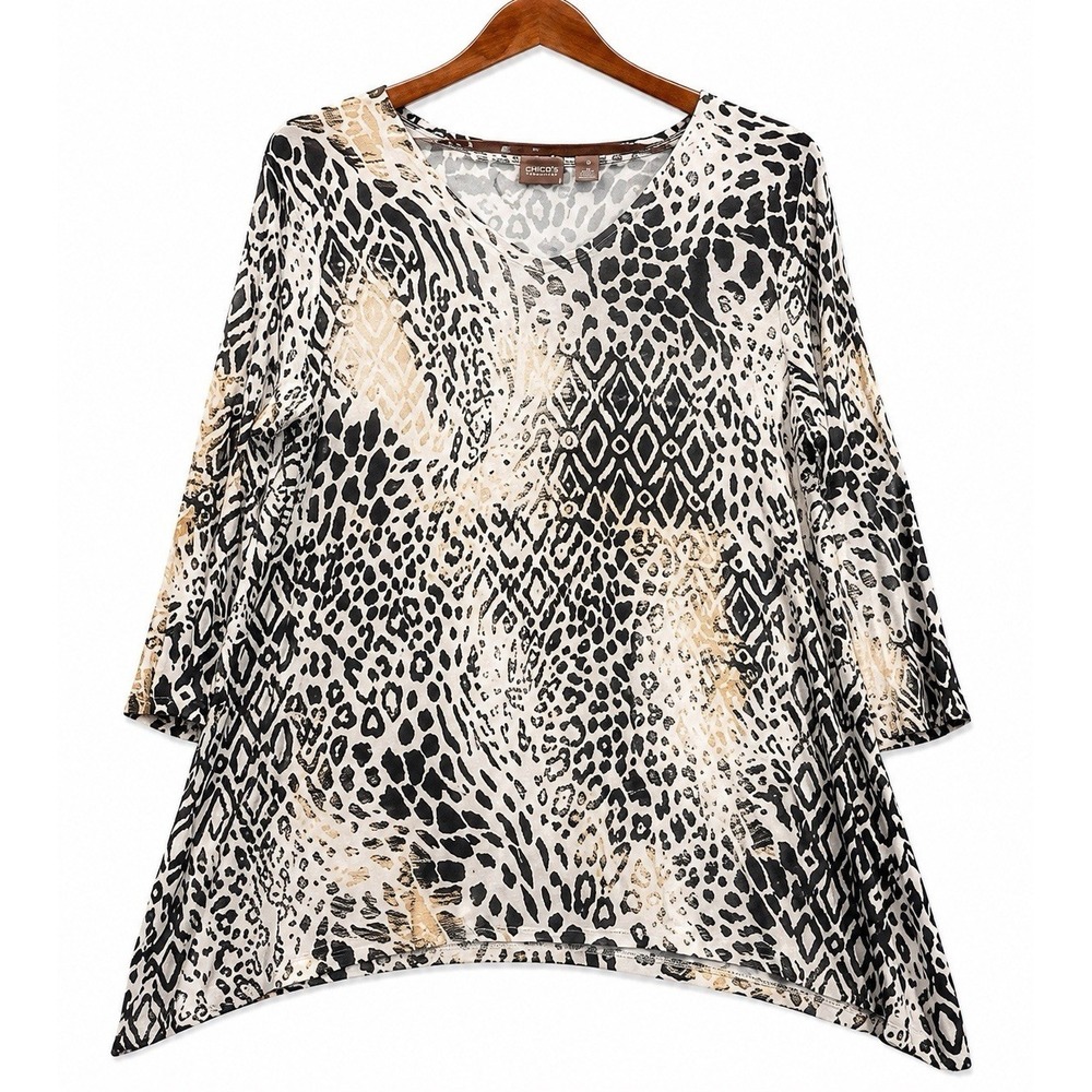 Chico's Top Women's 2 Lg Blouse Asymmetrical Stretch 3/4 Sleeve Animal Print